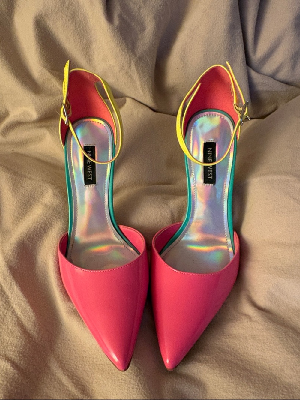 Nine West Hot Pink Pointed-Toe Ankle-Strap Pumps with Yellow Straps